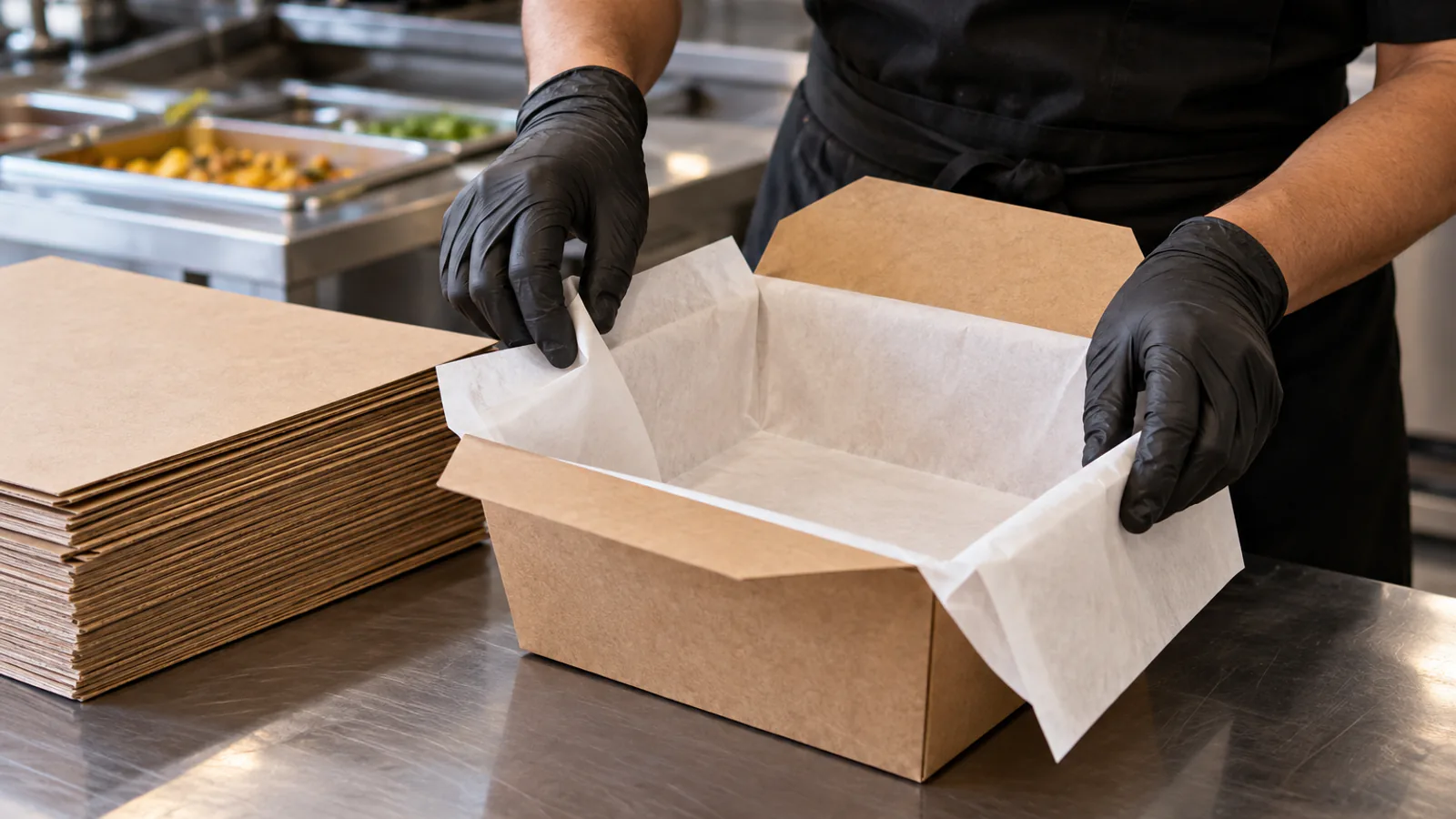 Brown kraft sheets and a separate white food liner beside a plain takeaway carton