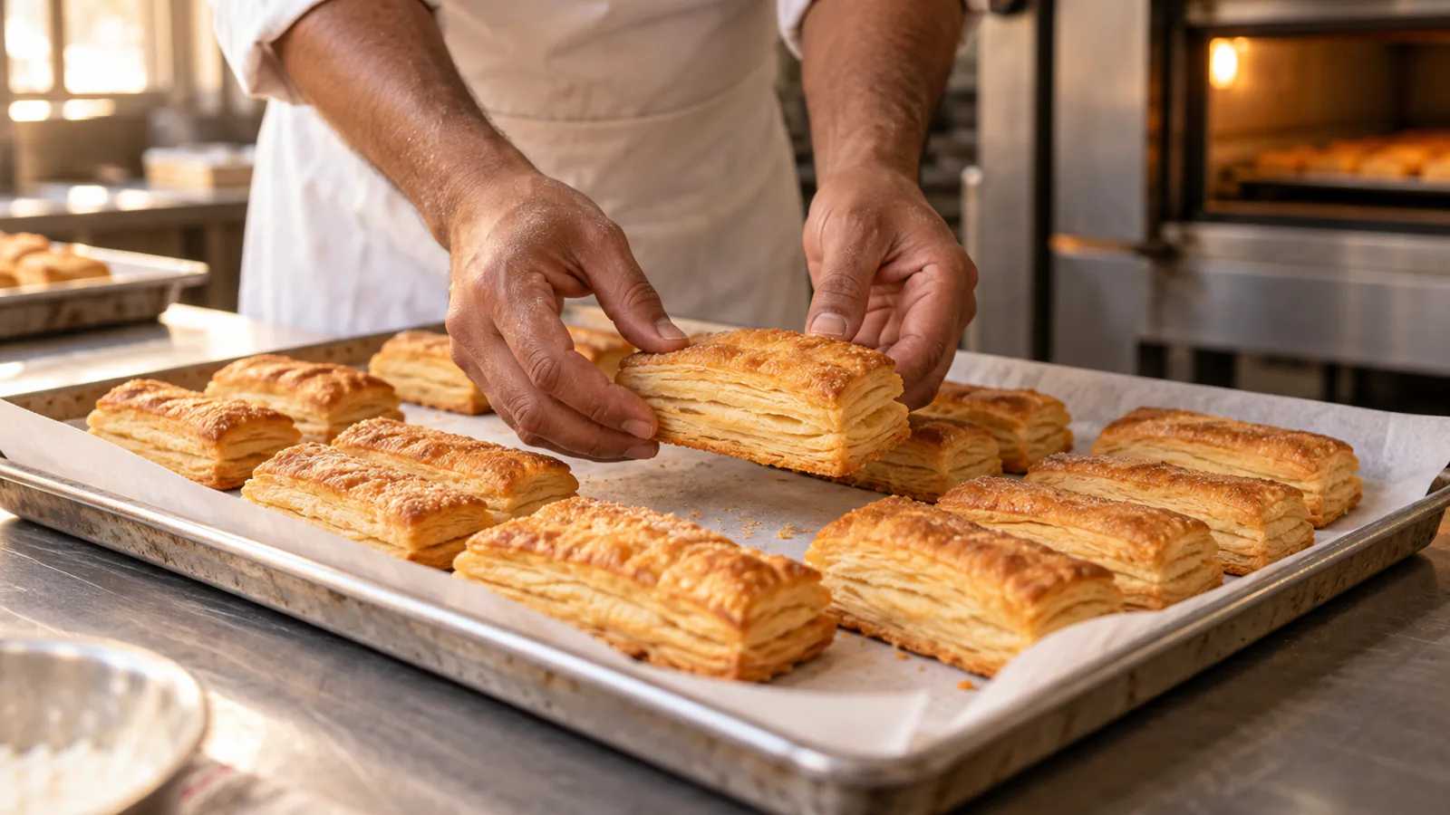 Hands lifting khari biscuits off butter paper on a lined steel baking tray