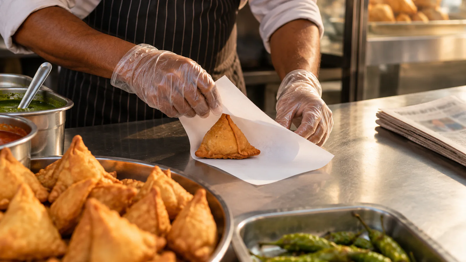 A food counter worker wrapping a samosa in plain white paper beside unused newspaper