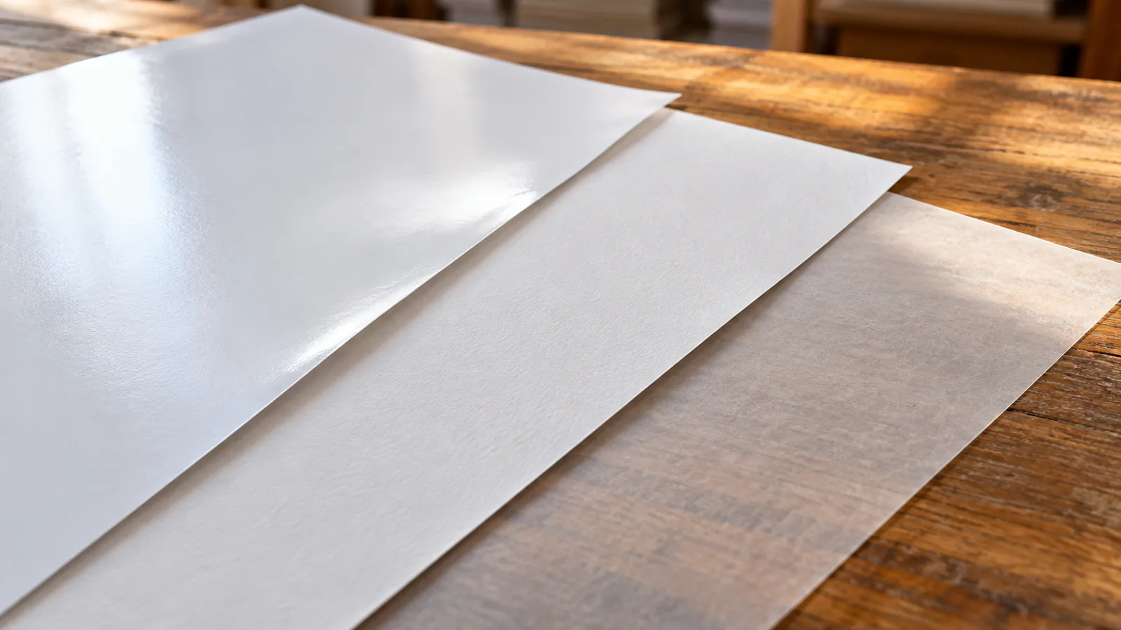 Glossy, matte and translucent paper sheets overlapping in raking window light