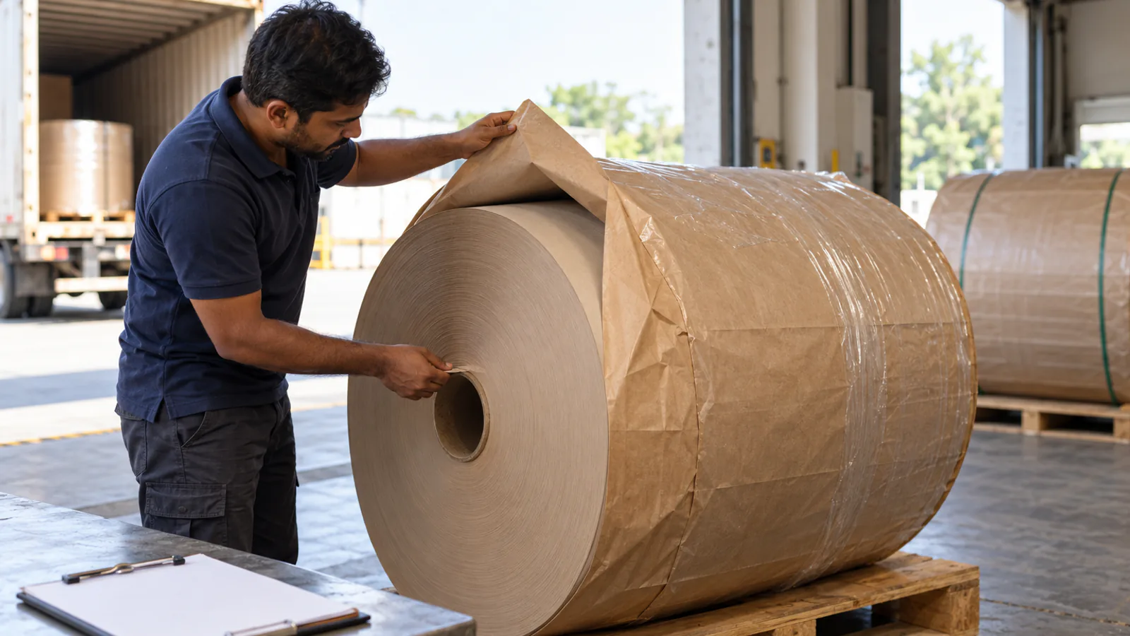 A worker inspecting the edge of a delivered paper reel in a receiving bay