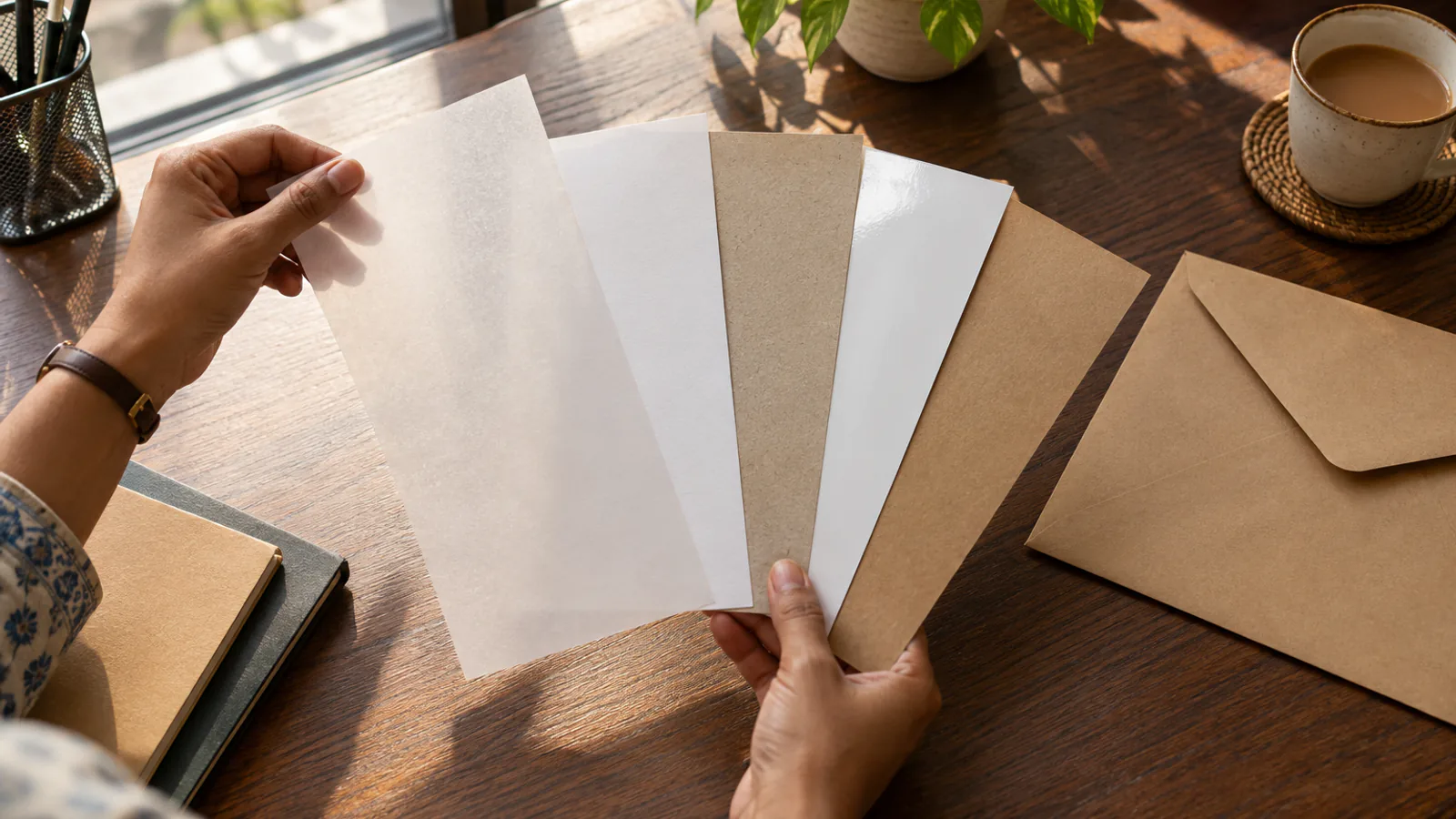 Paper swatches fanned on a desk, one held up to the window light