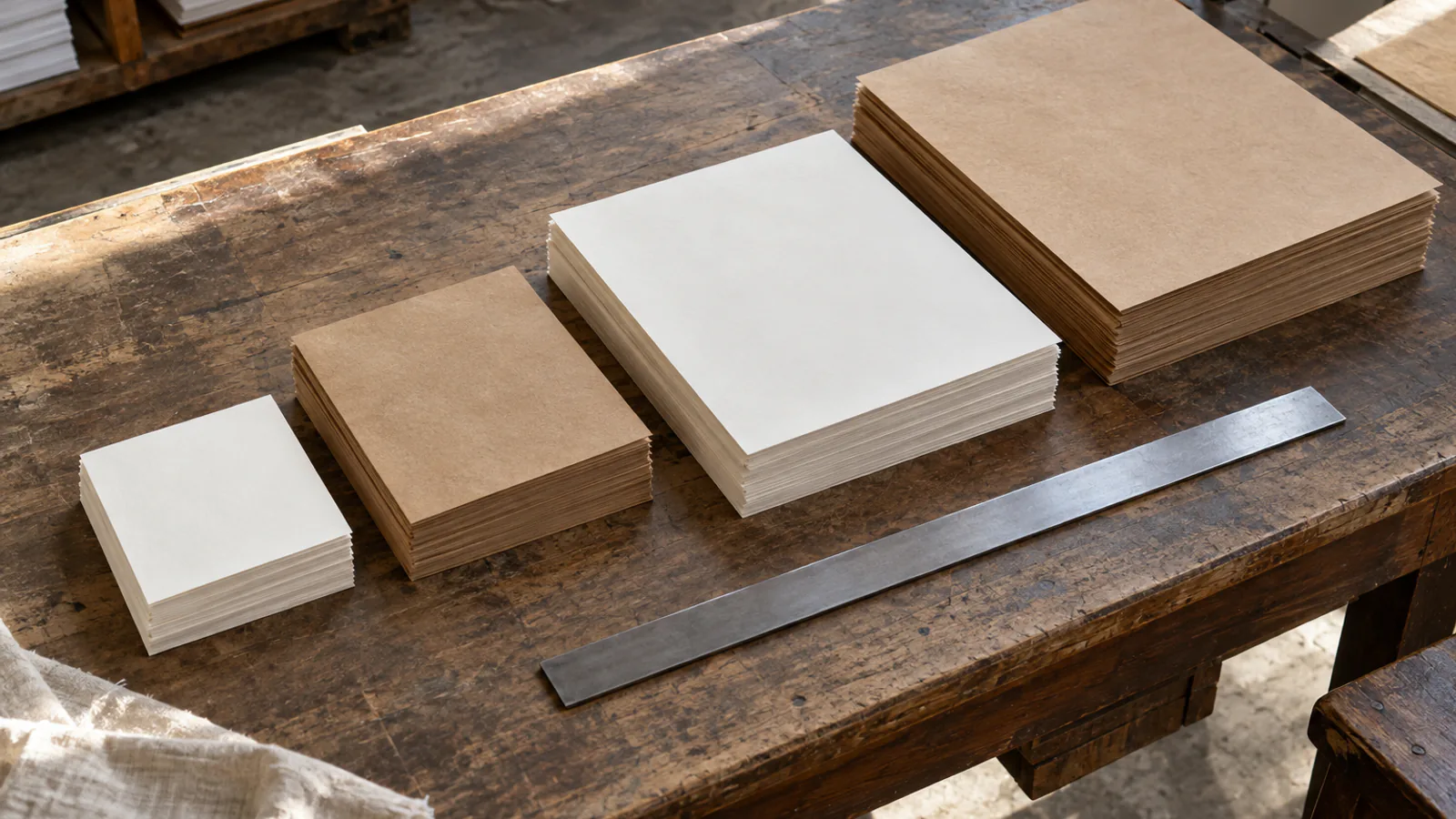 Stacks of white and brown paper sheets in four different sizes on a cutting table