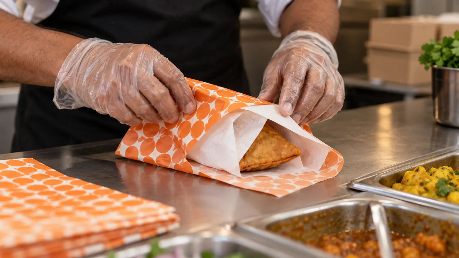 A worker folding patterned food wrap with the blank side facing a plain takeaway snack