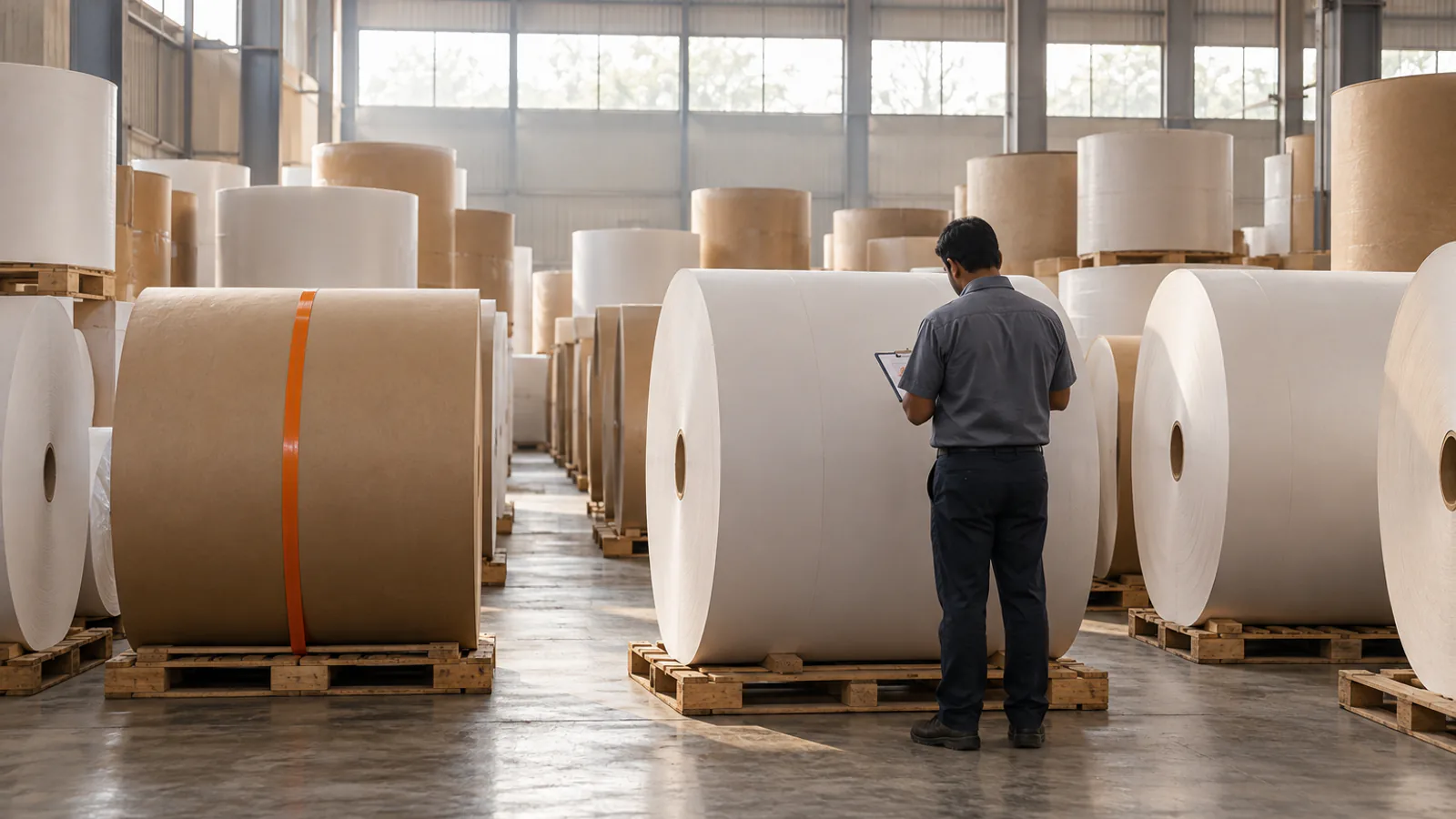 Paper reels on pallets in a warehouse, a worker checking one with a clipboard