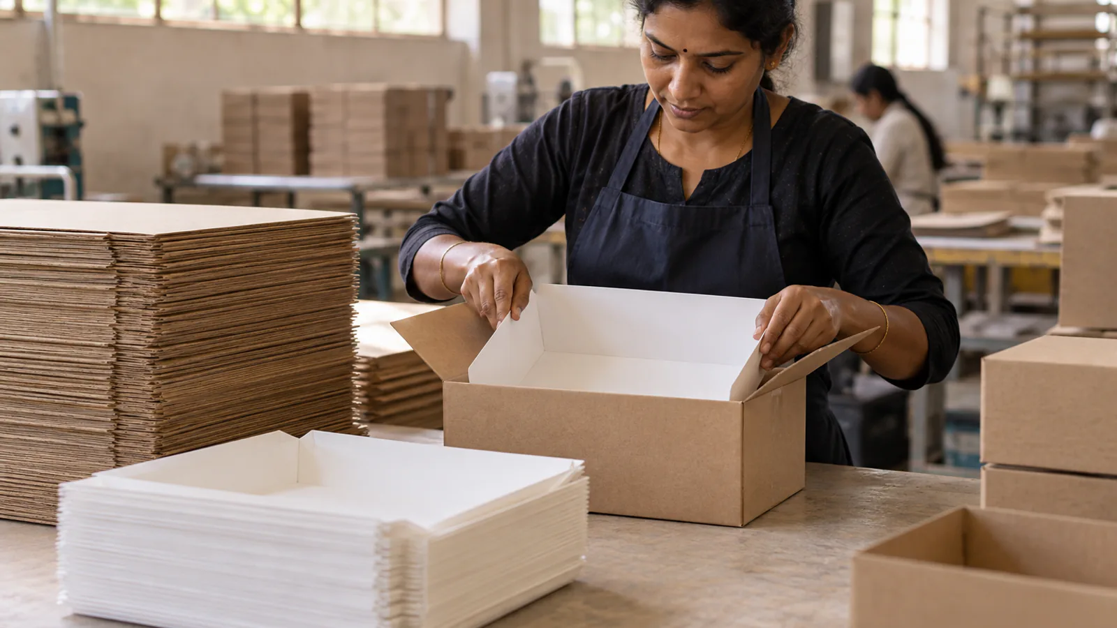 Stacks of recycled brown board beside a separate white liner on a packing bench