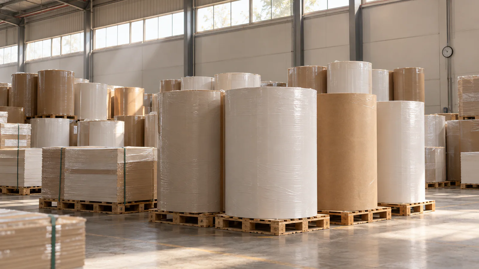 Wrapped paper reels standing on pallets in a dry, orderly warehouse