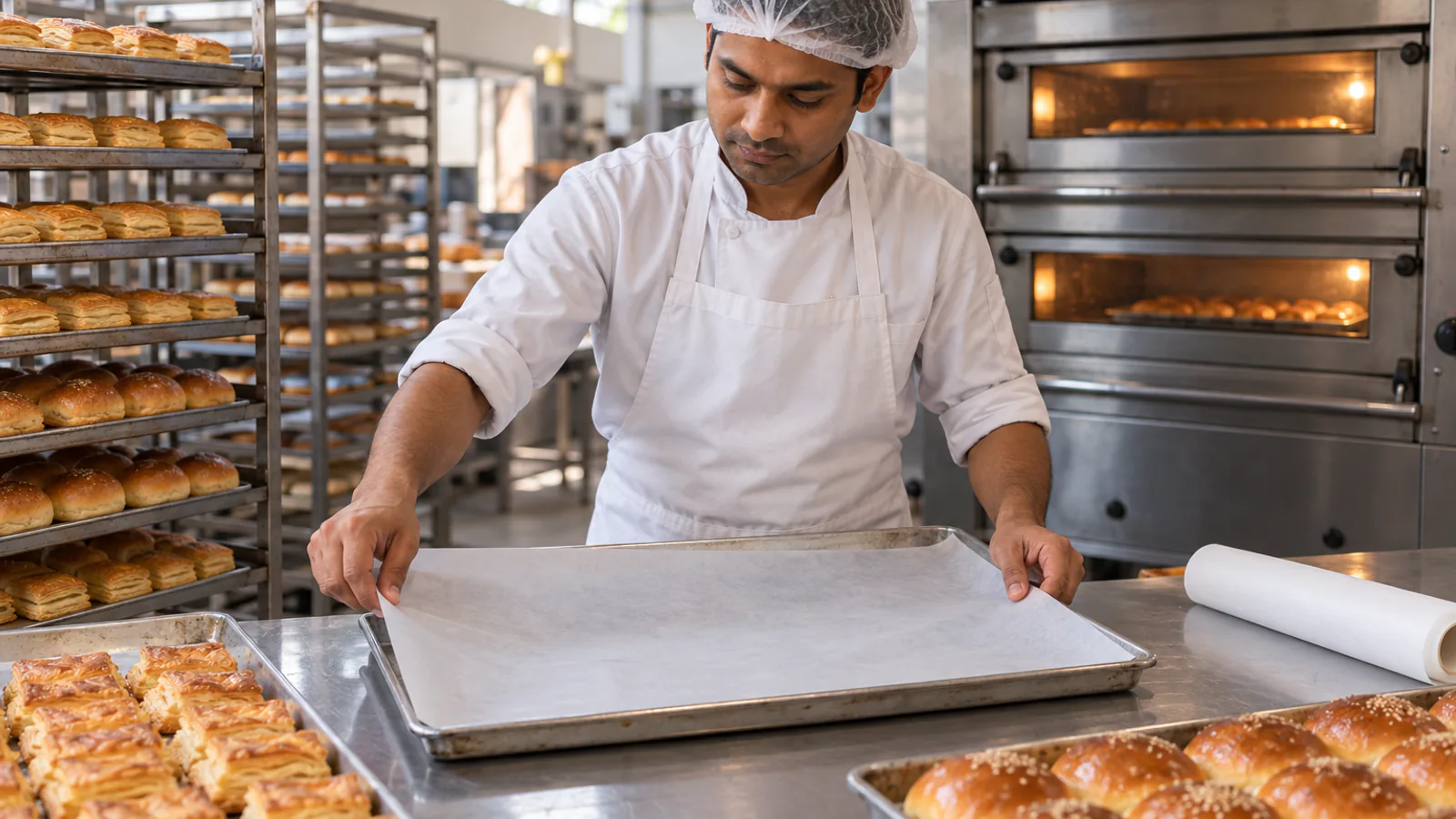 A baker lining a steel tray with butter paper beside a deck oven