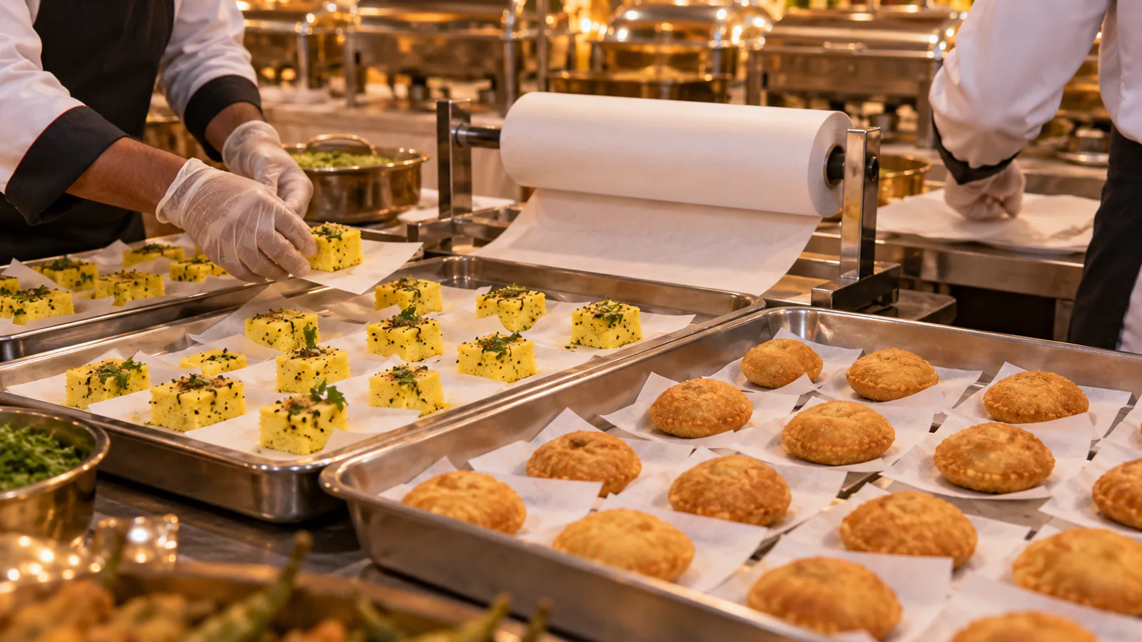 Caterers portioning snacks onto squares of white greaseproof paper in steel trays