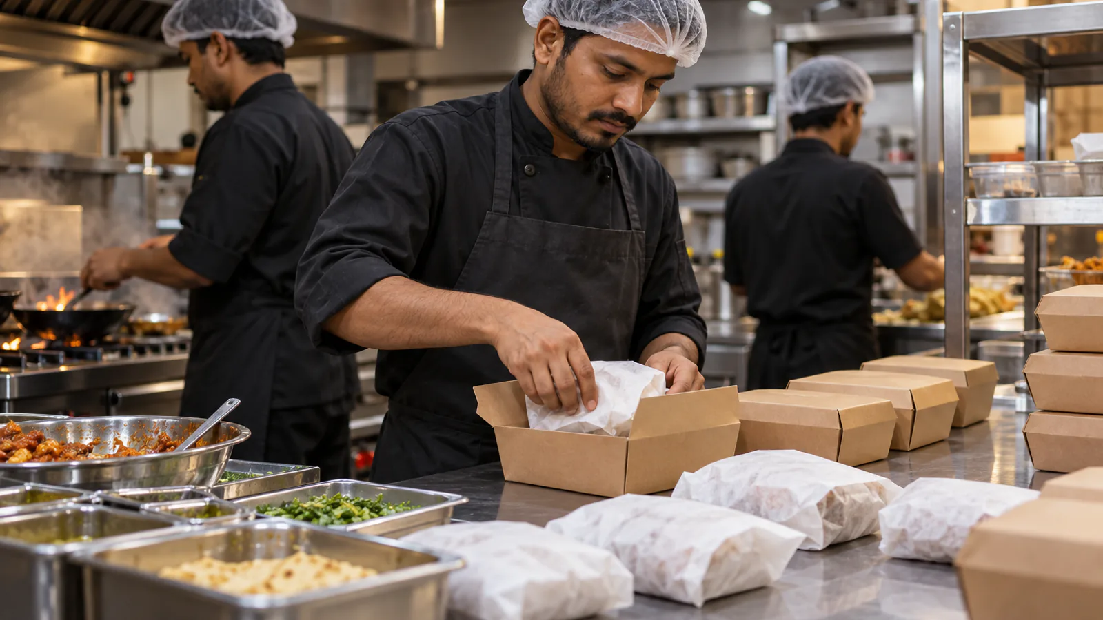 Orders wrapped in greaseproof paper and packed into plain boxes at a kitchen pass