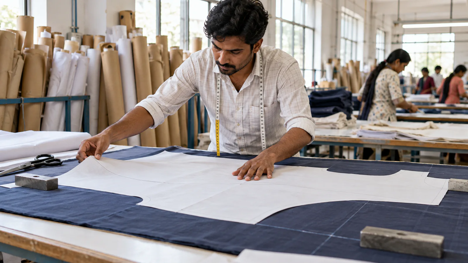 A cutter laying a white paper pattern on fabric at a long cutting table