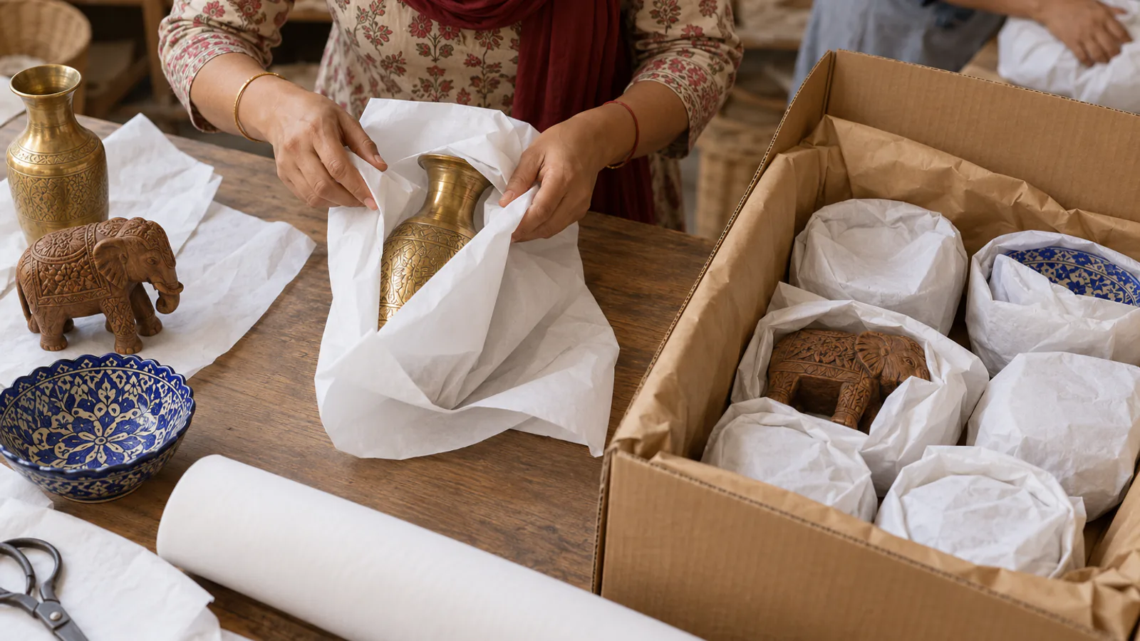 Hands wrapping a brass vase in white paper beside a carton of wrapped handicrafts