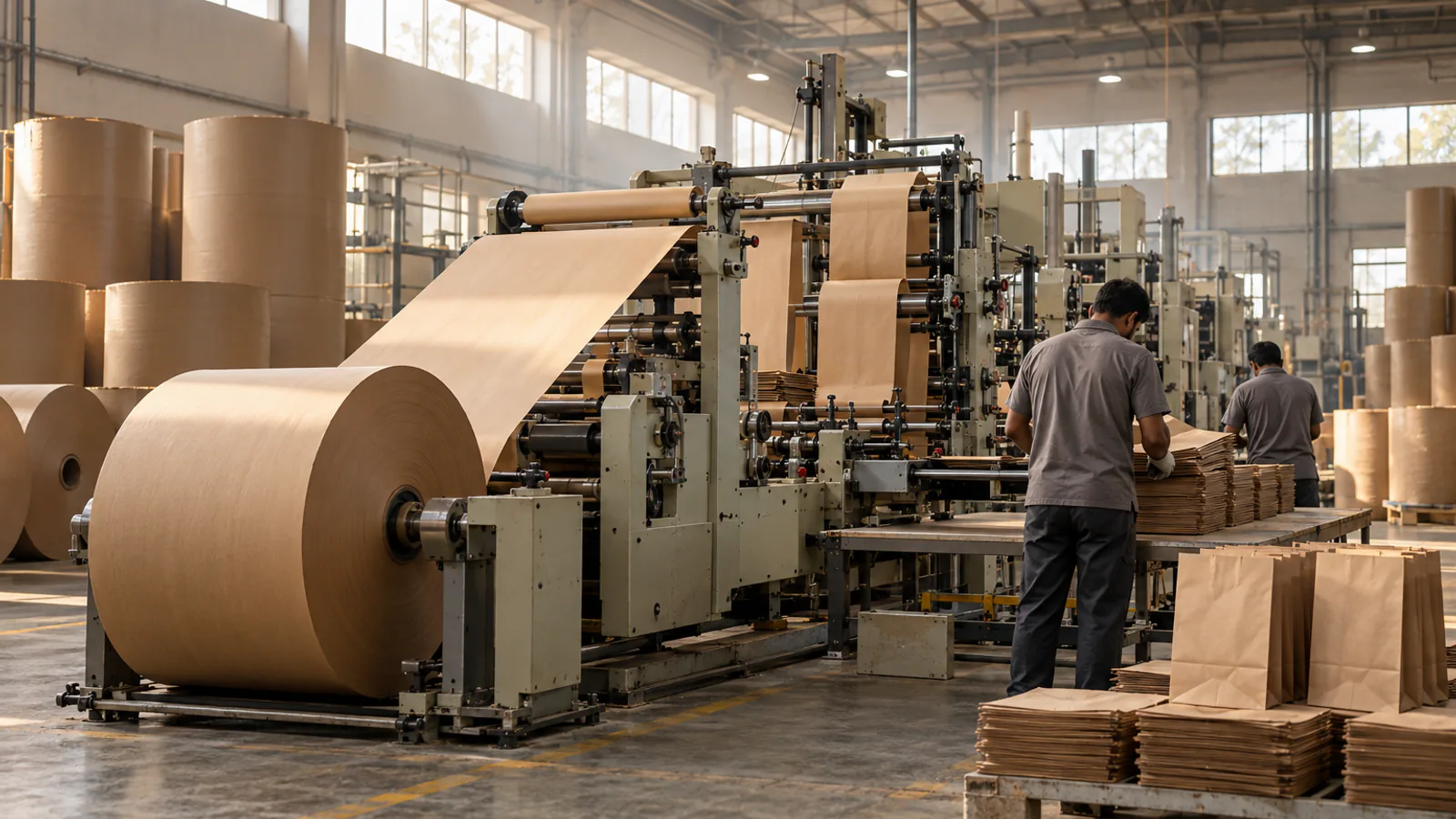 Kraft paper reels feeding a bag-making line on a packaging unit floor