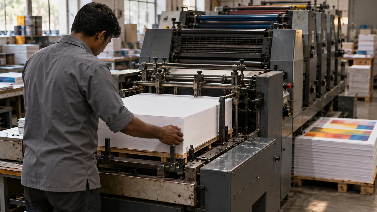 A pressman squaring a stack of white paper on the feeder of an offset press