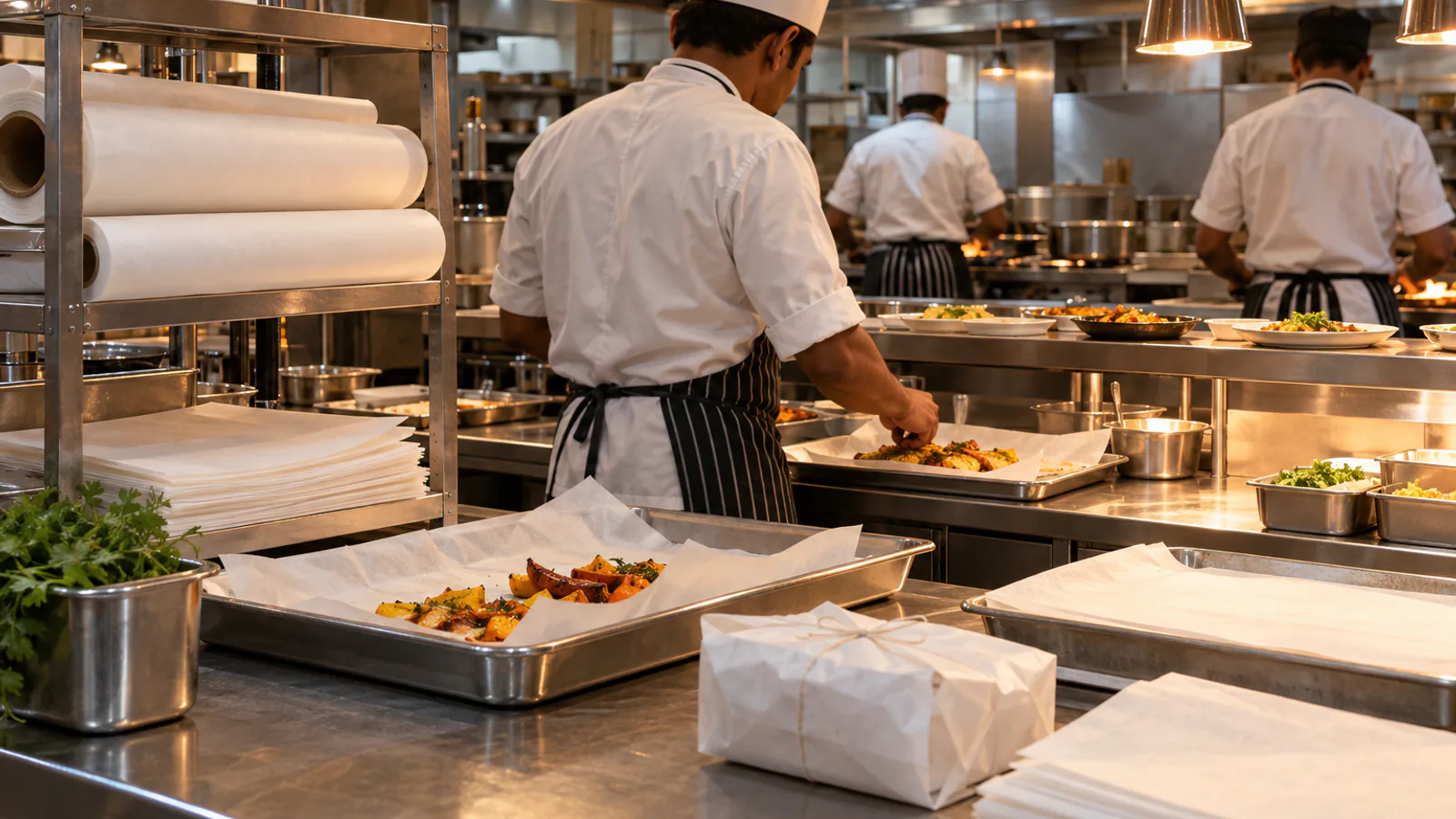 A restaurant kitchen with butter paper rolls on the shelf and paper-lined trays on the pass