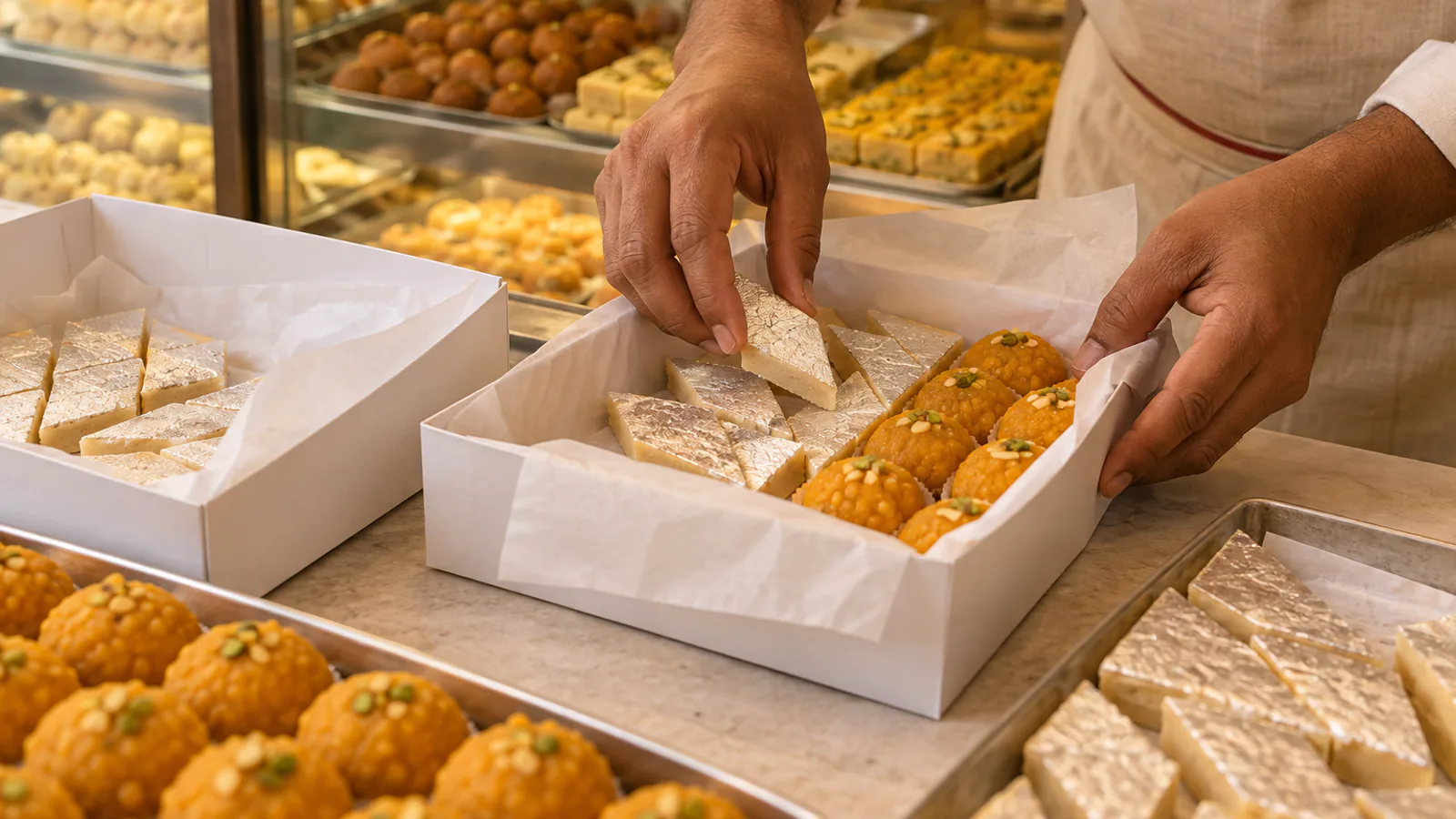 A shopkeeper packing kaju katli into a plain box lined with butter paper