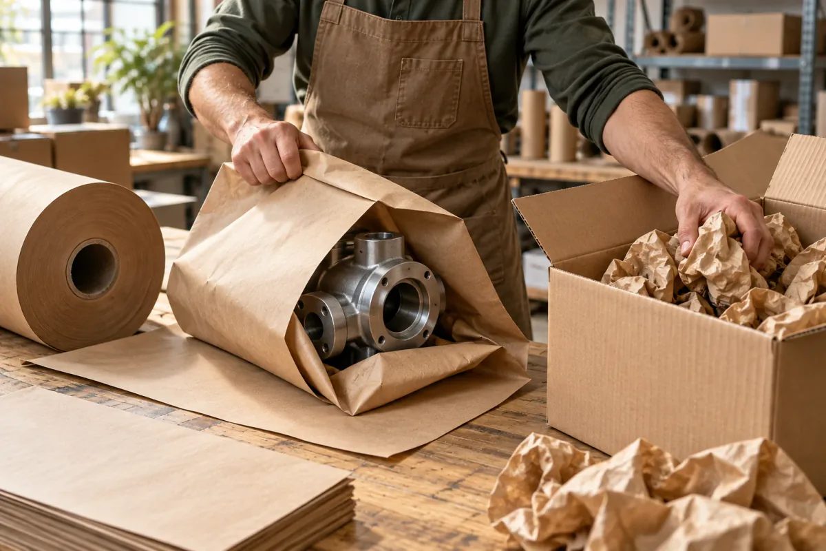 Hands wrapping a steel part in kraft paper, crumpled kraft filling a carton