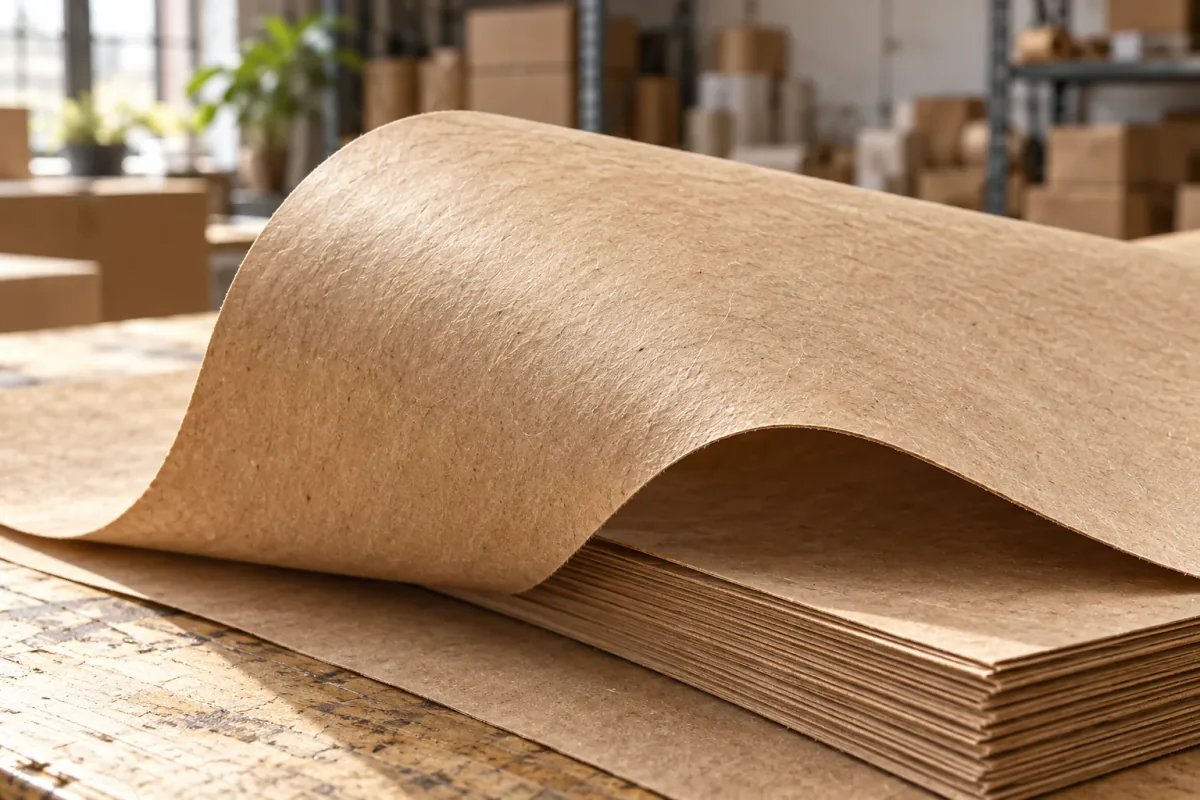 A wave of unbleached brown kraft paper over a stack of kraft sheets