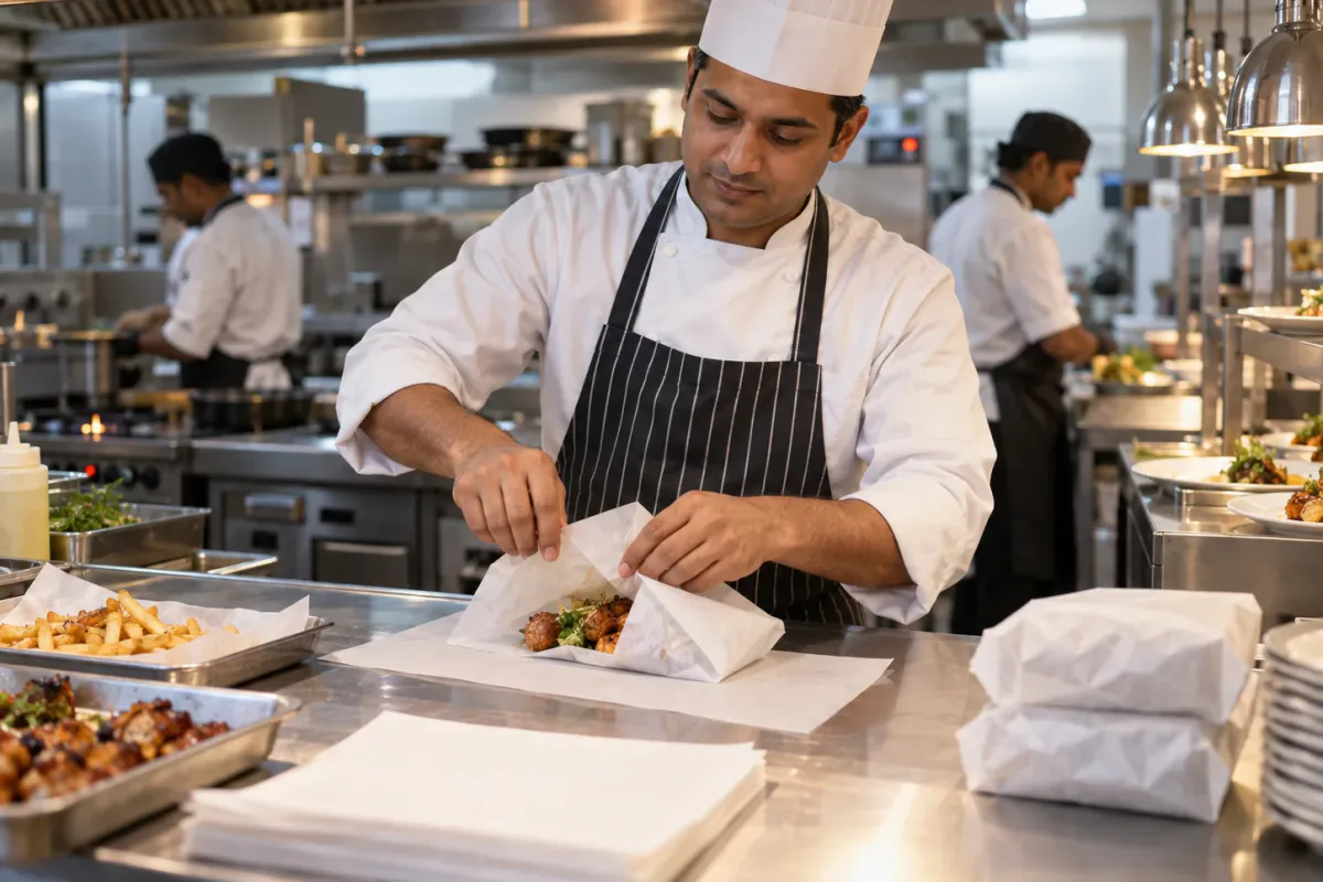 A chef wrapping food in white paper at a steel counter in a busy kitchen