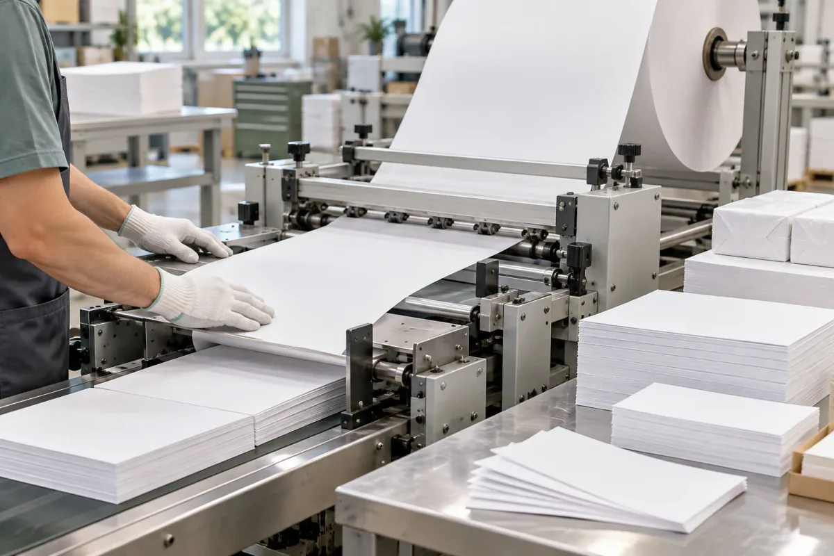 A worker feeding a wide web of white paper through a converting machine