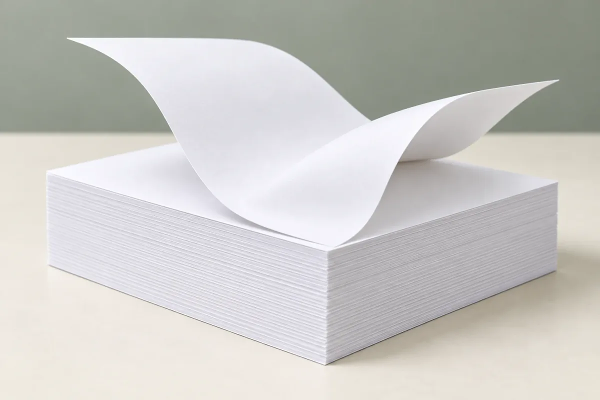 A stack of white machine-finished paper with one sheet curling on top