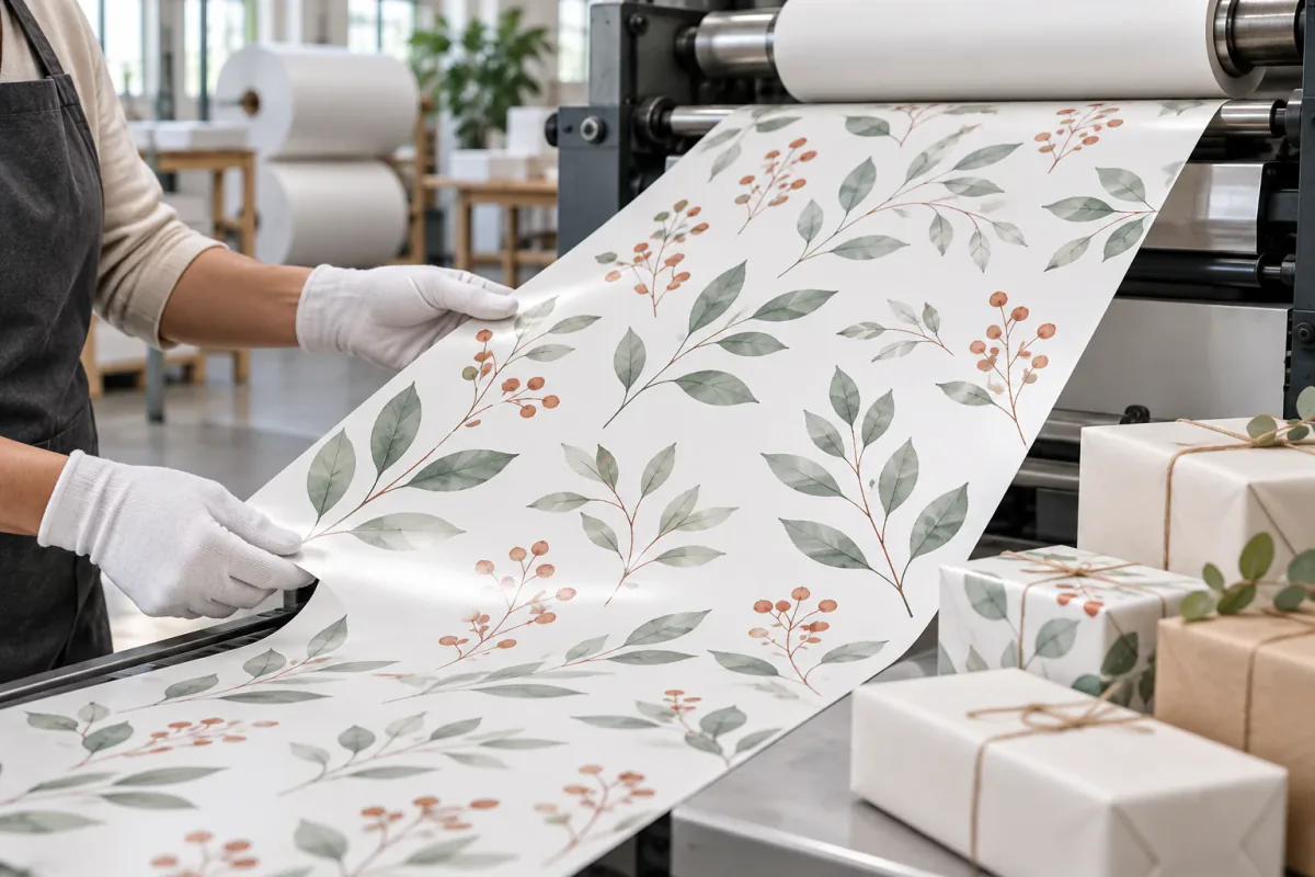 Printed white paper running off a reel through a press, guided by gloved hands