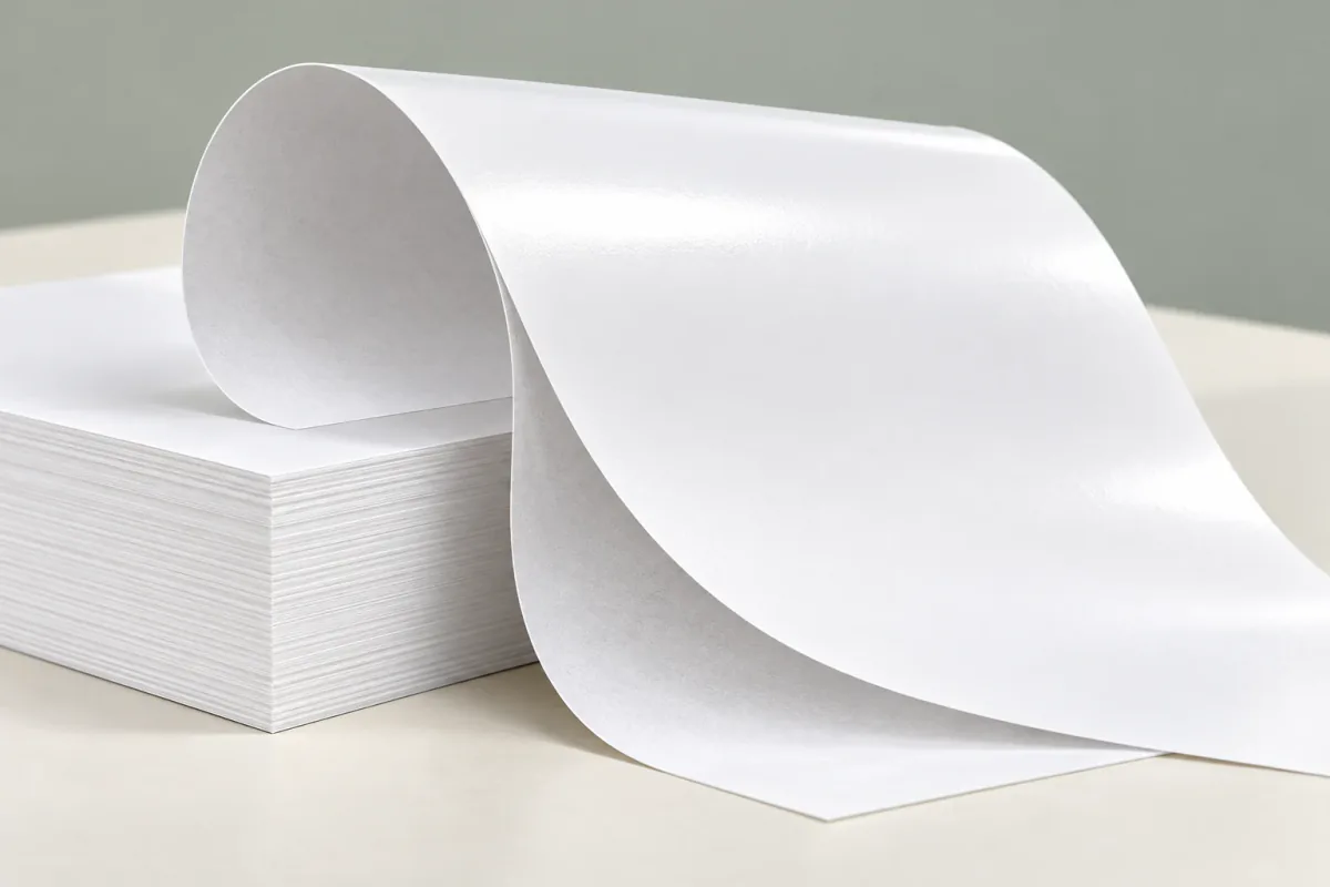 A glossy sheet of white machine-glazed paper curling over a stack