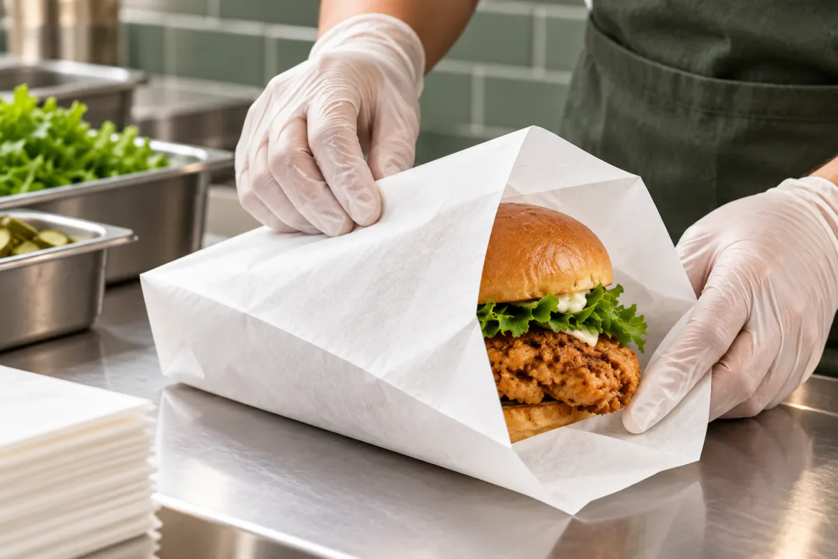 Gloved hands wrapping a fried chicken burger in white greaseproof paper